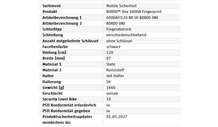 ABUS Faltschloss Bordo 6000AFP/120 BK SH Fingerabdruck