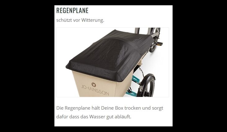 Johansson Bikes Aufpreis Regenplane Vario Box Oscar S